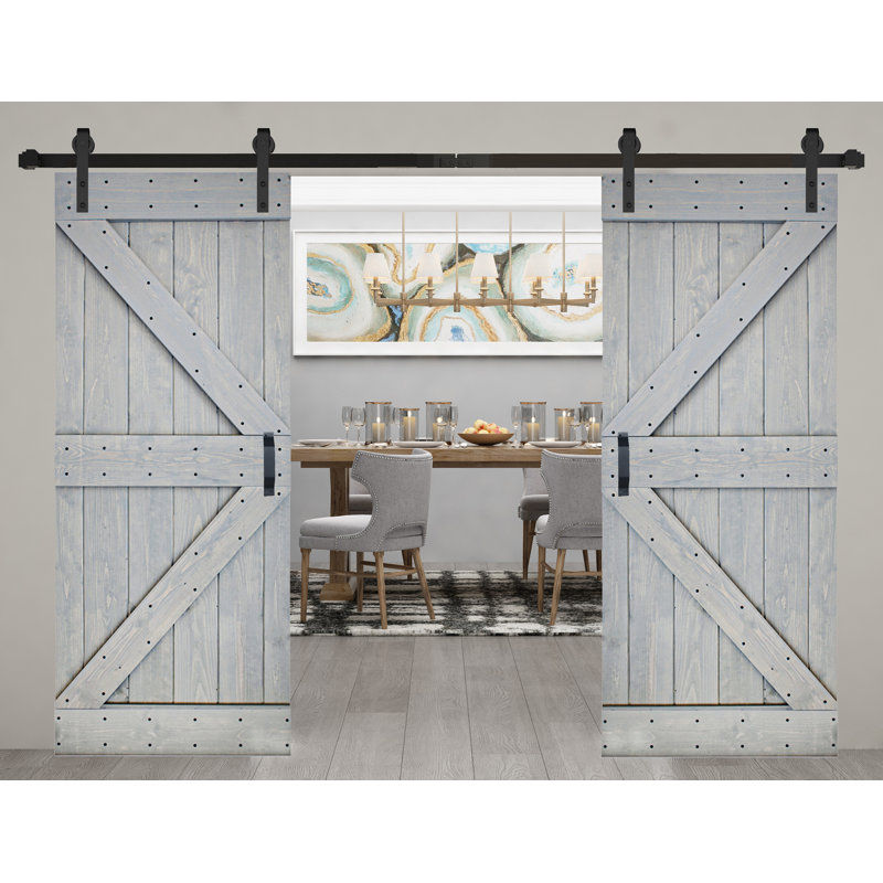 Porte de grange coulissante double en bois massif de style K avec ensemble de quincaillerie - Assemblage requis
