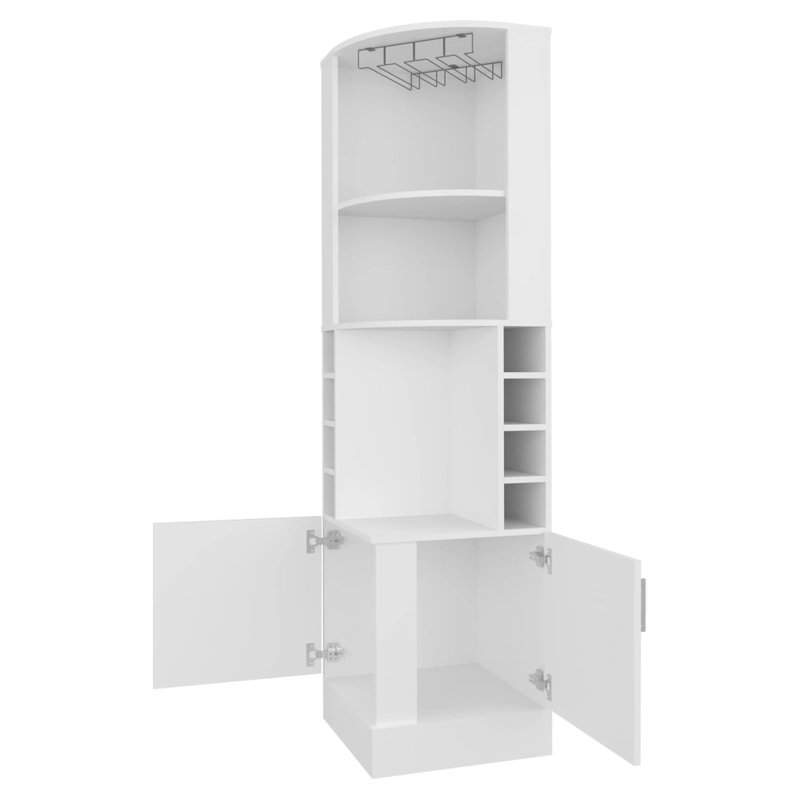 Armoire de coin blanche avec rangement pour bouteilles de vin et porte-verres