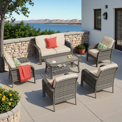 Isberga 6-piece Wicker Patio Furniture Set, All-weather Rattan Conversation Bistro Loveseat Chair And Table Set For Backyard, Balcony And Deck With Soft Cushions And Metal Table