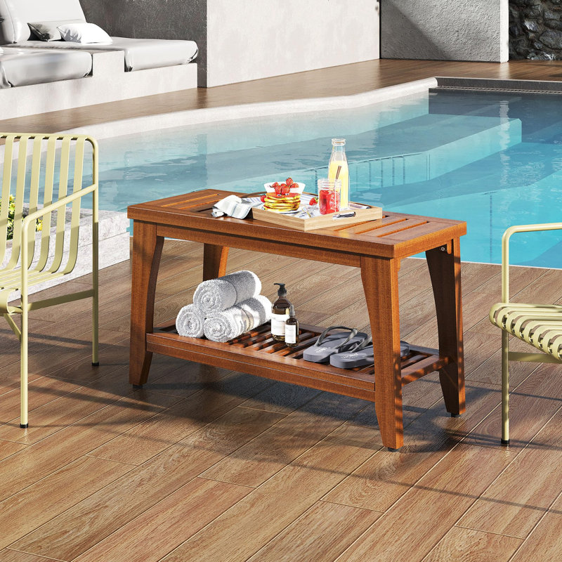 Banc de douche 24 po en teck massif de qualité supérieure avec tablette de rangement - capacité de 400 lb, siège imperméable et antidérapant pour salle de bain, bord de piscine, spa