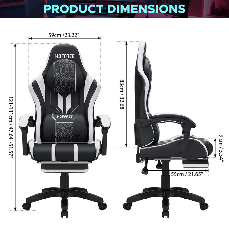 Hoffree Big and Tall Gamer Chair Ergonomic Gaming Chair with Extra Wide Massage Lumbar Pillow, White/Black