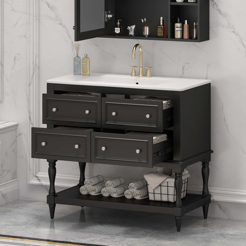 Modern Bathroom Vanity Cabinet with Multiple Functional Features, Black