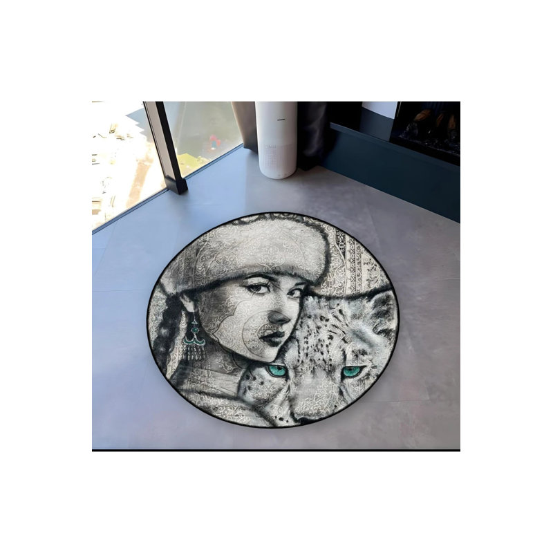 Black And Beige Woven Carpet With A Woman's Face And Blue-Eyed Tiger Detail, Round 3'4"