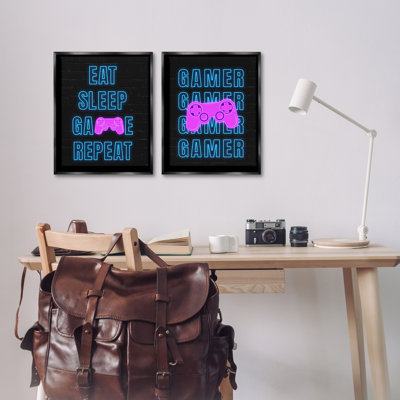 «Neon Gamer Eat Sleep», ensemble de 2 toiles flottantes encadrées par Nina Blue