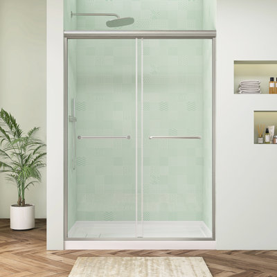 44'' - 48'' W X 75'' H Double Sliding Shower Door Brushed Nickle Framed Bypass Shower Door Aluminum Modern Bathroom Door with Clear Tempered Glass