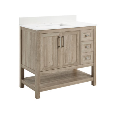 Meuble-lavabo simple 36 po avec lavabo, meuble-lavabo en bois de ferme avec plateau en céramique et 1 armoire, 3 tiroirs