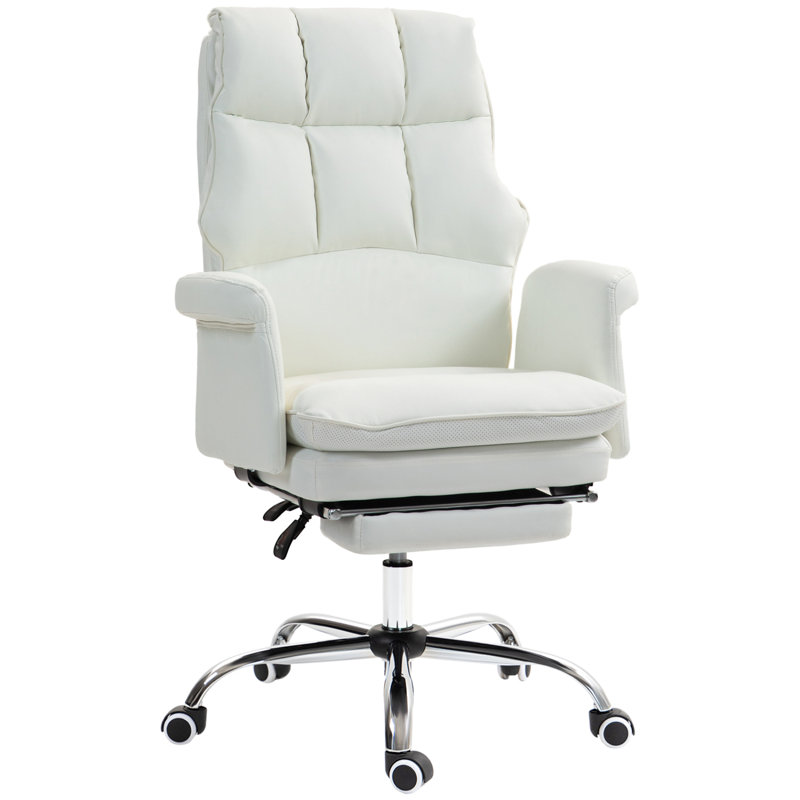 Executive Office Chair, PU Leather Ergonomic Office Desk Chair With Footrest, Reclining And Swivel Chair, White