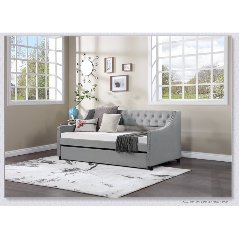 Upholstered Daybed With Trundle, Wood Frame With Tufted Buttons And Copper Nails
