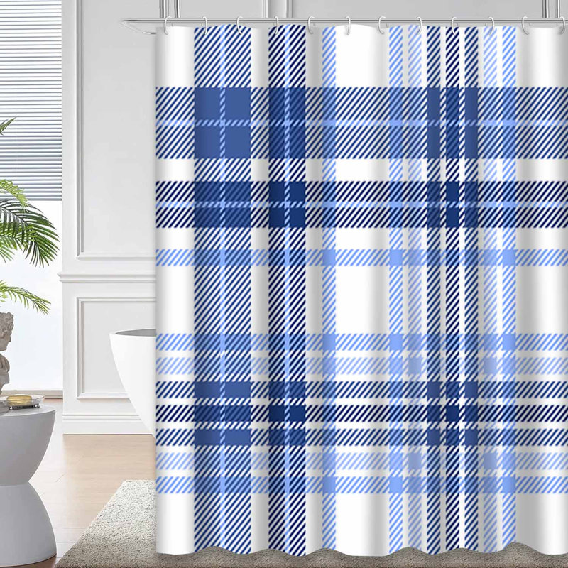 Rideau de douche sans couture à carreaux bleu et bleu marine avec 12 crochets, L 72 po x l 72 po