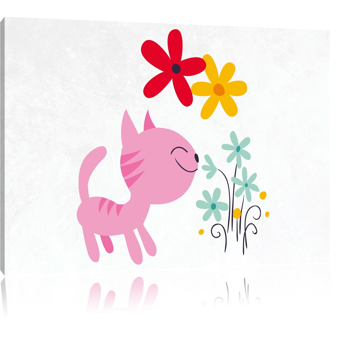 Leinwandbild Süße Katze mit Blumen in Rosa/Gelb