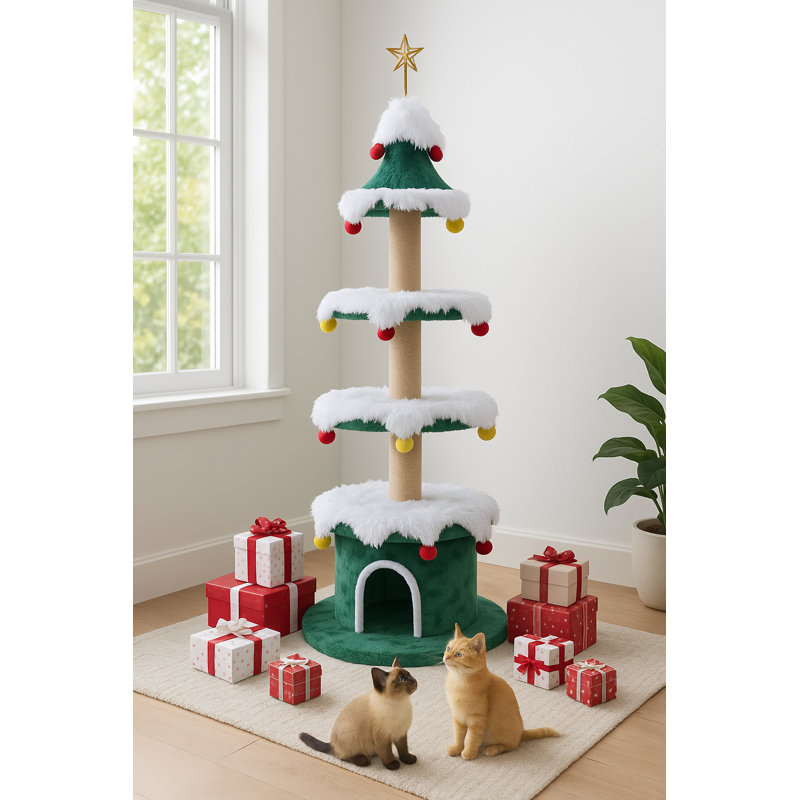 Sapin de Noël 66 po à 3 niveaux avec jupe amovible et poteau à griffes