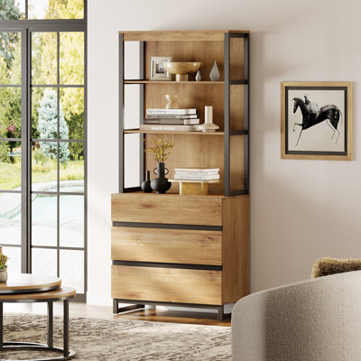 Aadam Modern 72" Tall Bookcase With 3 Drawers And Open Book Shelfs, Library Book Shelf With Storage Cabinet, Wood Freestanding Bookshelf