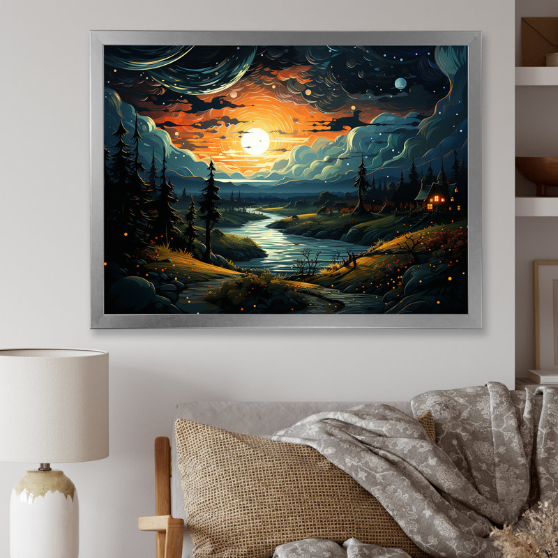 «Dreamy Mountain Scenery At Night I - Winter Landscape», art mural, Cadre de coin argenté fermé, H 30 po x l 40 po x P 1,5 po