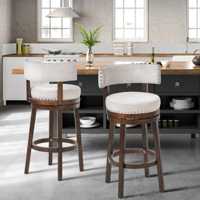 Tabouret de bar rembourré pivotant à 360°, structure en bois massif, siège et dossier rembourrés, finition cloutée, tabouret pour îlot de cuisine