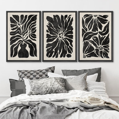 "Silhouette botanique monochrome noir et blanc à motif floral moderne, salon chic" - 3 pièces