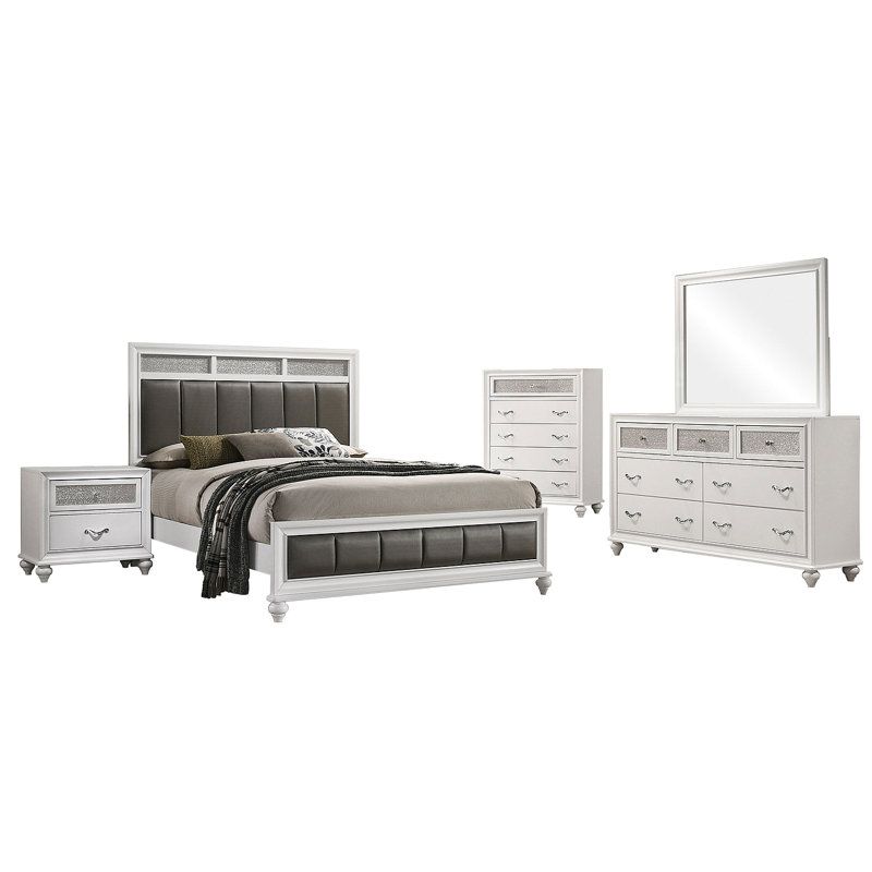 Ensemble de chambre à coucher grand lit 5 pièces Randall, Cinq pièces : lit, table de chevet, commode, com