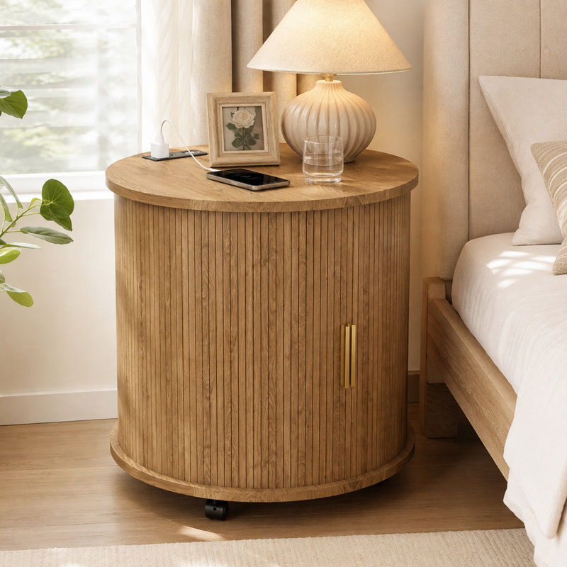 Table de chevet ronde avec porte coulissante pour station de charge et rangement à 2 niveaux, Oak