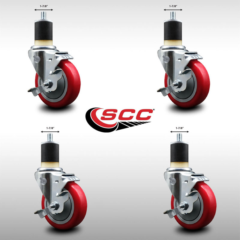 Ensemble de roulettes extensibles en polyuréthane pivotant de 4 po à 1 1/8 po avec frein SCC 4 po, Rouge