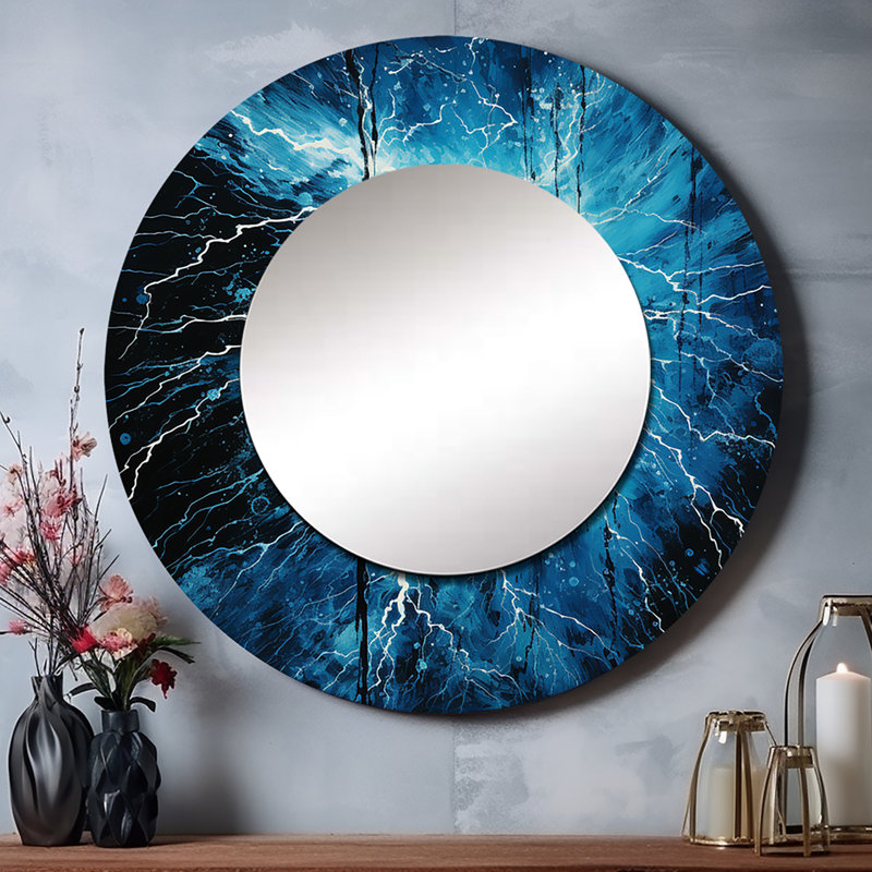 Lightning Electric Symphony Pointillism II - miroir mural Lightning, miroir décoratif rond bleu, impression d'art en métal
