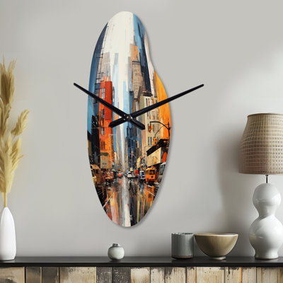 Blue Grey Mid Century Midcentury Metropolis II - Midcentury Modern Curved Metal Wall Clock, Modern Asymmetrical Wall Clock Print