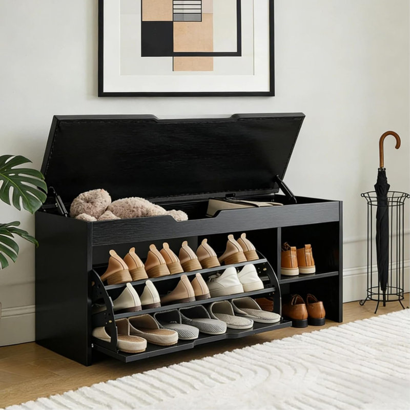 Shoe Storage Bench, Shoe Bench With Cushion Seat, Shoe Rack Bench With 1 Flip Drawers, Shoe Cabinet With Adjustable Shelves For Hallway, Bathroom, Garage