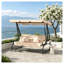 Beige Free-Standing Porch Swing Bed with Adjustable Canopy and Stand for Three Adults