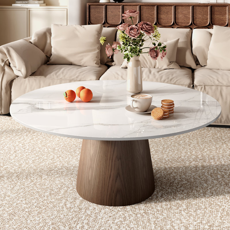 Table basse Mid-Century, H 17,2 po x l 42 po x P 42 po, Neige brillant / noyer foncé