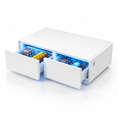 Grande table basse intelligente avec deux zones froides de 135 L (70 L + 65 L), audio Bluetooth à 4 haut-parleurs, éclairage DEL RVB, charge sans fil de 15 W, ports USB-A et USB-C - Table basse de salon rectangulaire de 51 po pour le divertissement, blanc