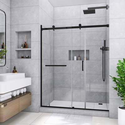 60 In. W X 75 In. H Reversible Sliding Semi-Frameless Shower Door In Matte Black Finish