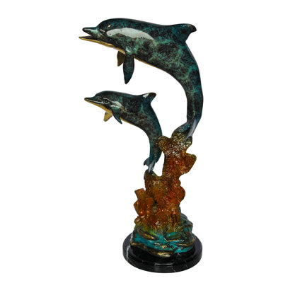 Bronze Dolphin Pair Statue Coastal Ocean Décor 8" x 11" x 22"H