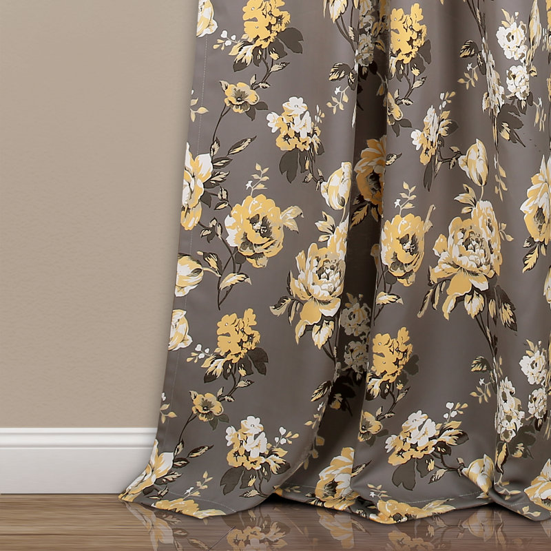 Gray and Yellow Floral Blackout Polyester Curtain Panels, Set of 2