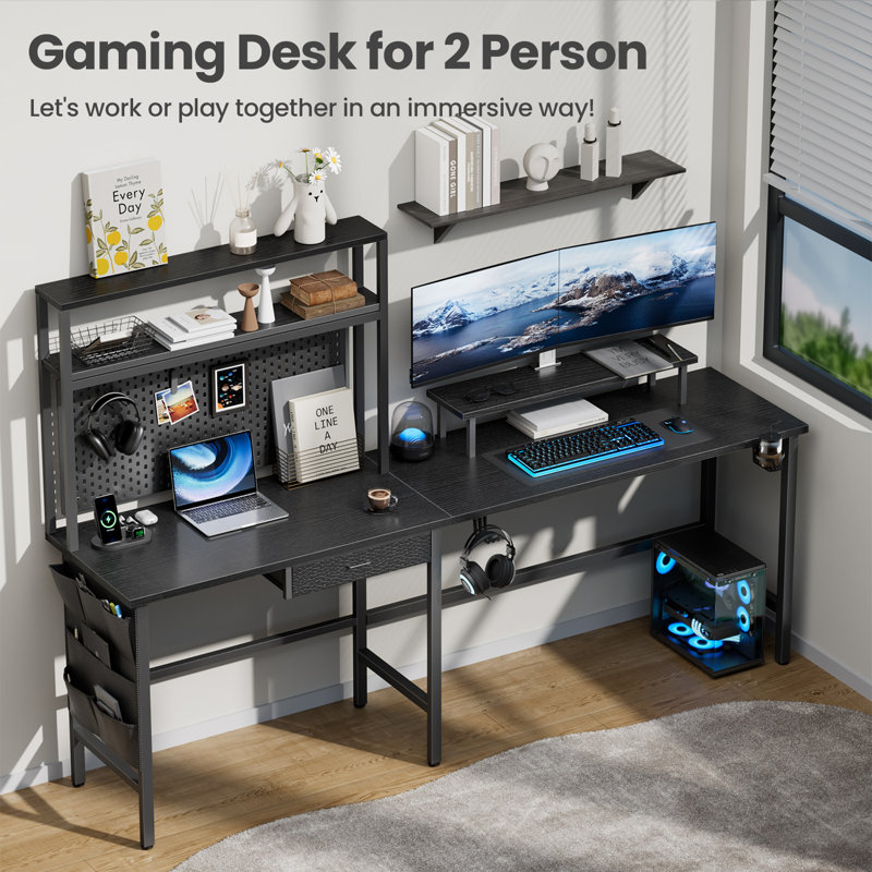 L Shaped Desk with LED Light & Power Outlet, Reversible Corner Gaming Desk with Storage Shelves & Drawer, Computer Table with Monitor Stand for Home Office, Work & Study,L Shape Set 2 Desks & Storage Shelf