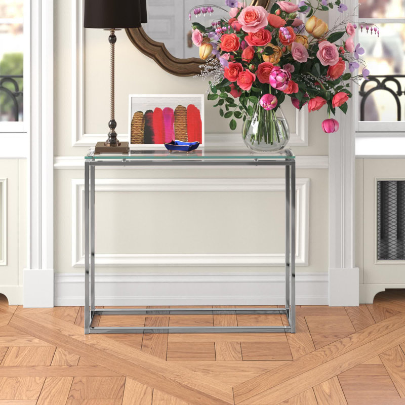 Shreya Glass Top Console Table, 30.32" H x 48.04" W x 12.01" D, Metal Top/Matte Brushed Gold Base