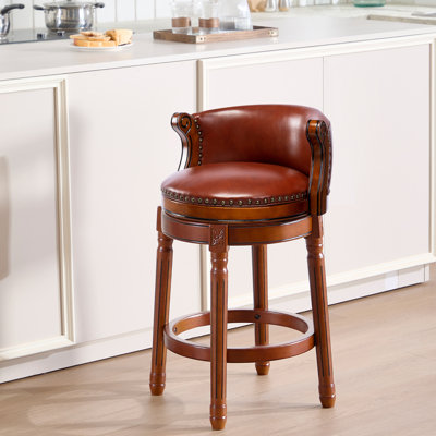 Swivel Bar Stool with Top-Grain Leather Seat, Soft Back, Rubber Wood Frame & Footrest for Kitchen, Dining, or Bar