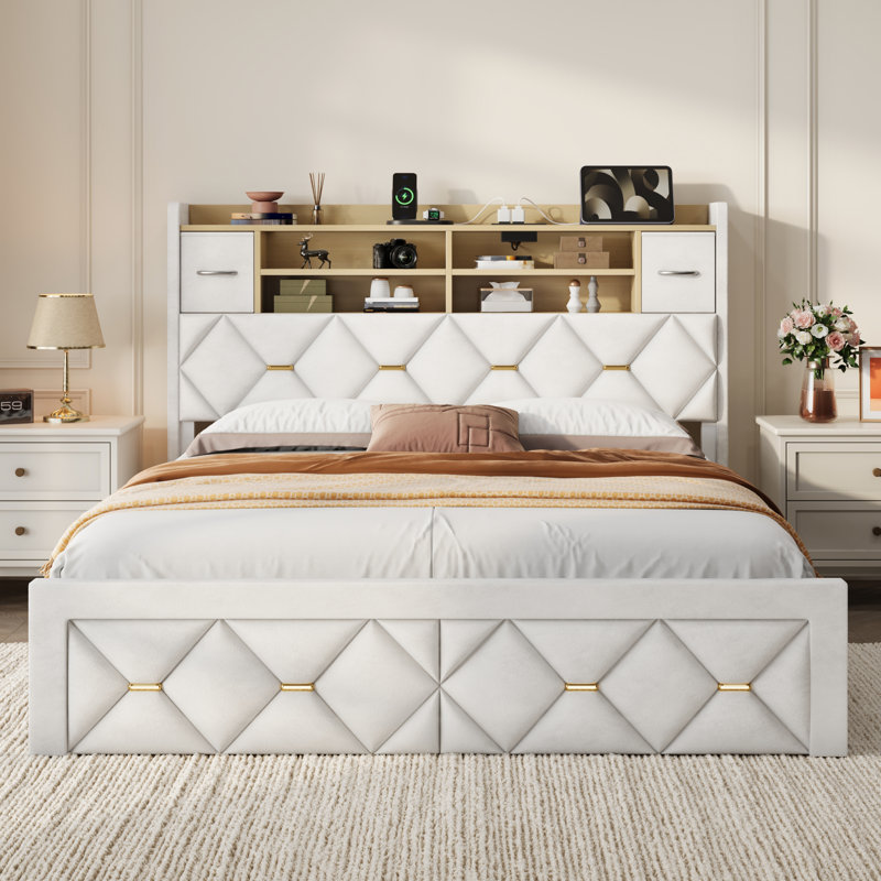 Lit plateforme en velours avec 2 tiroirs sous le lit et rangement pour la tête de lit, Double