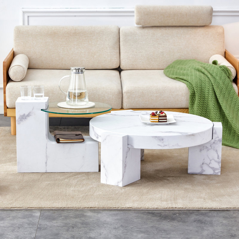 Table basse texturée en marbre Cool White, White, White/Clear, Faux Marble/Glass