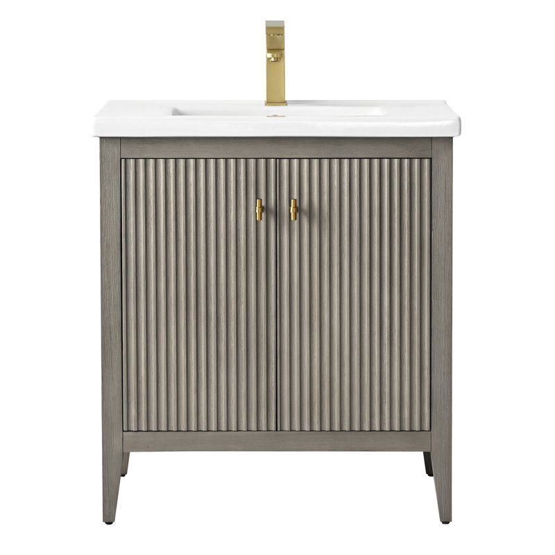 Meuble-lavabo simple pour la salle de bain avec plateau en céramique, Doré brossé, Gris flottant linéaire, 30"