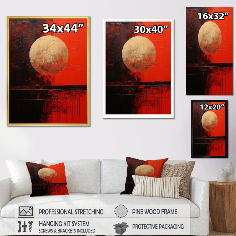 Reproduction d'art sur toile lune dorée et rouge, Cadre photo doré simple, H 32 po x l 16 po x P 1 po