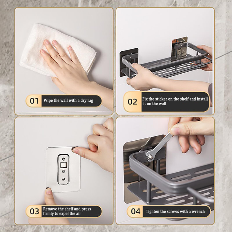 Serviteur de douche en aluminium, tablettes de douche adhésives, ensemble de 2 avec crochets et tringle pour serviettes, organisateur mural antirouille à fixation murale sans perceuse