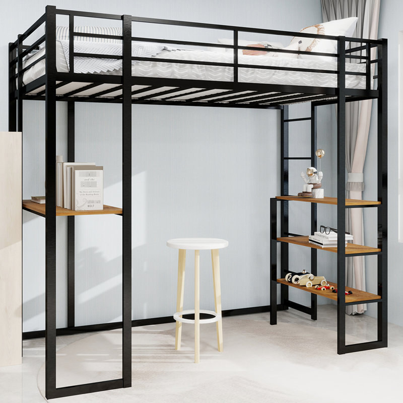 Lit à structure en fer avec rampe et escalier pour la chambre à coucher, noir, espace - Assemblage facile