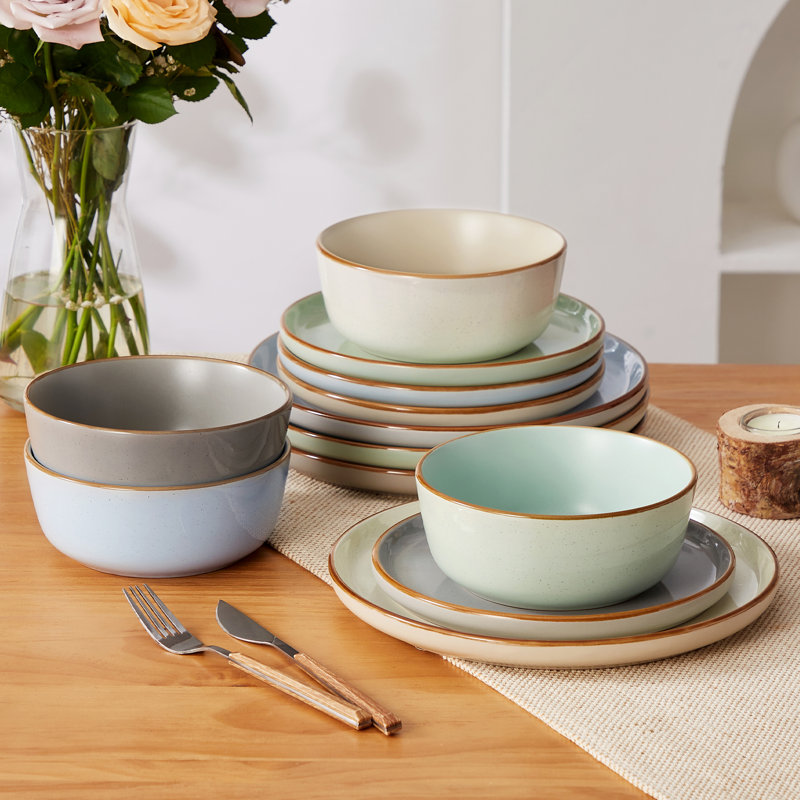 RENIOO Piece Stoneware Dinnerware Set - Service for 4, Gray/Blue/Green