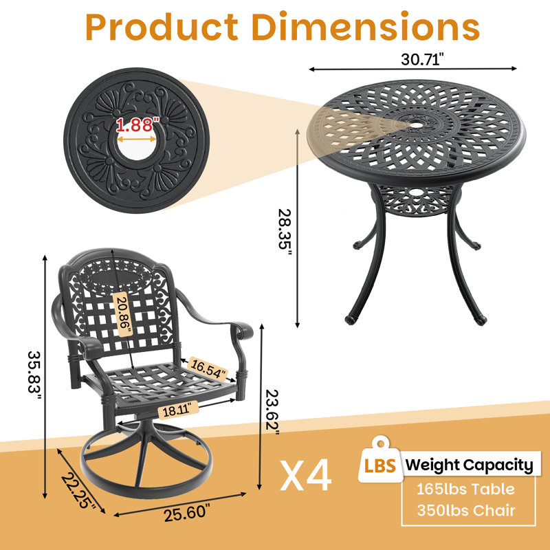 5-Piece Round Cast Aluminum Outdoor Patio Dining Set with Swivel Chairs & Cushions & Umbrella Hole, 4