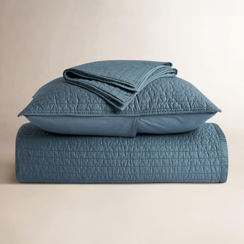 Ensemble de courtepointe en coton et satin, Bleu Sonoma, Courtepointe très grand et 2 très grandes taies 