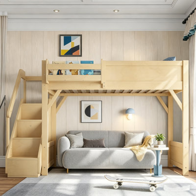 Lit mezzanine en bois, cadre de lit robuste avec escalier de rangement et barrière de sécurité, lit mezzanine en bois pour enfants, cadre de lit robuste, lit multifonctionnel, aucun sommier nécessaire, cadre de lit garde-corps haut pour chambre d'enfant