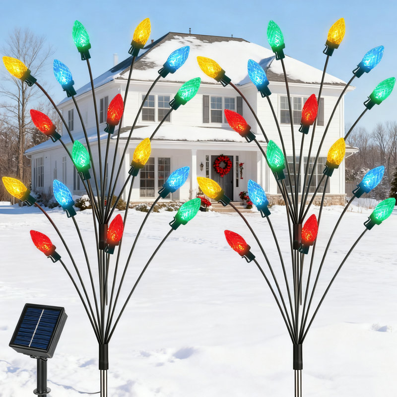 Paquet de 4 guirlandes de Noël solaires C7 d'extérieur, 8 lumières de sentier de cheminées rétro avec base améliorée pour décoration de jardin