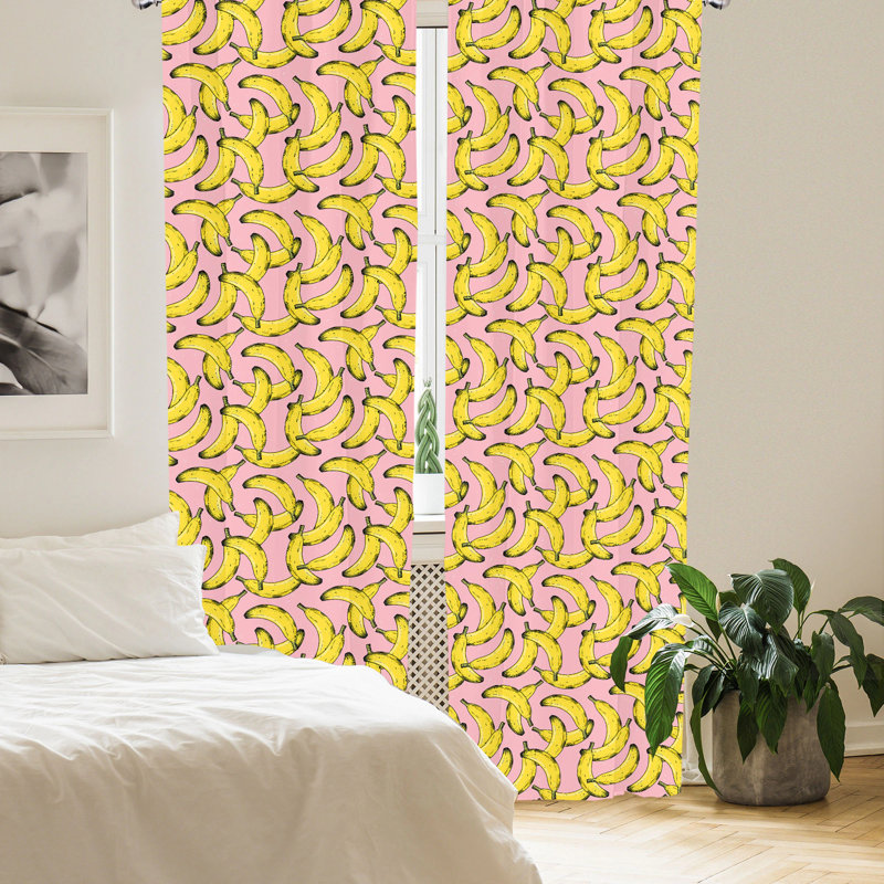 Pink and Yellow Banana Print Polyester Curtain Panels, 28" x 63"