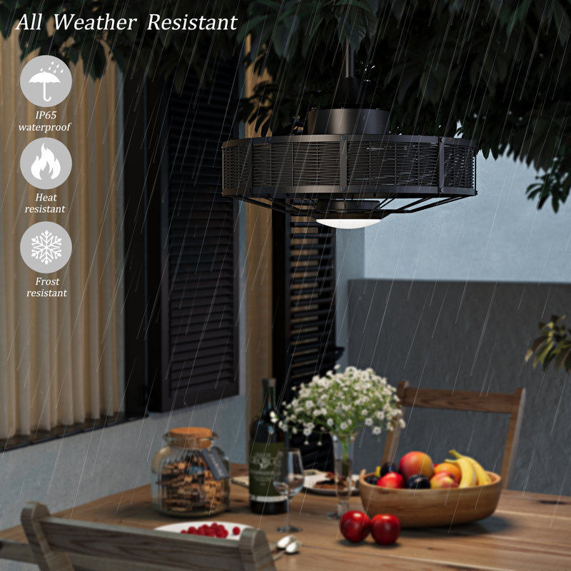 20" Boho Plug-in Outdoor Caged Ceiling Fan with LED Light and Remote, Black