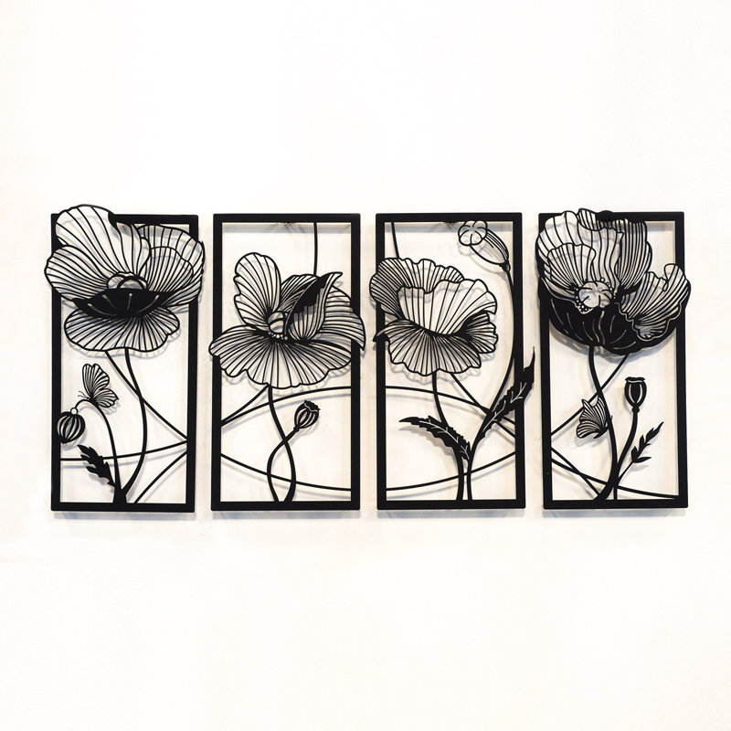 Ensemble d'art mural en métal Blossom - 4 pièces, Noir, H 35 po x l 75 po x P 1 po