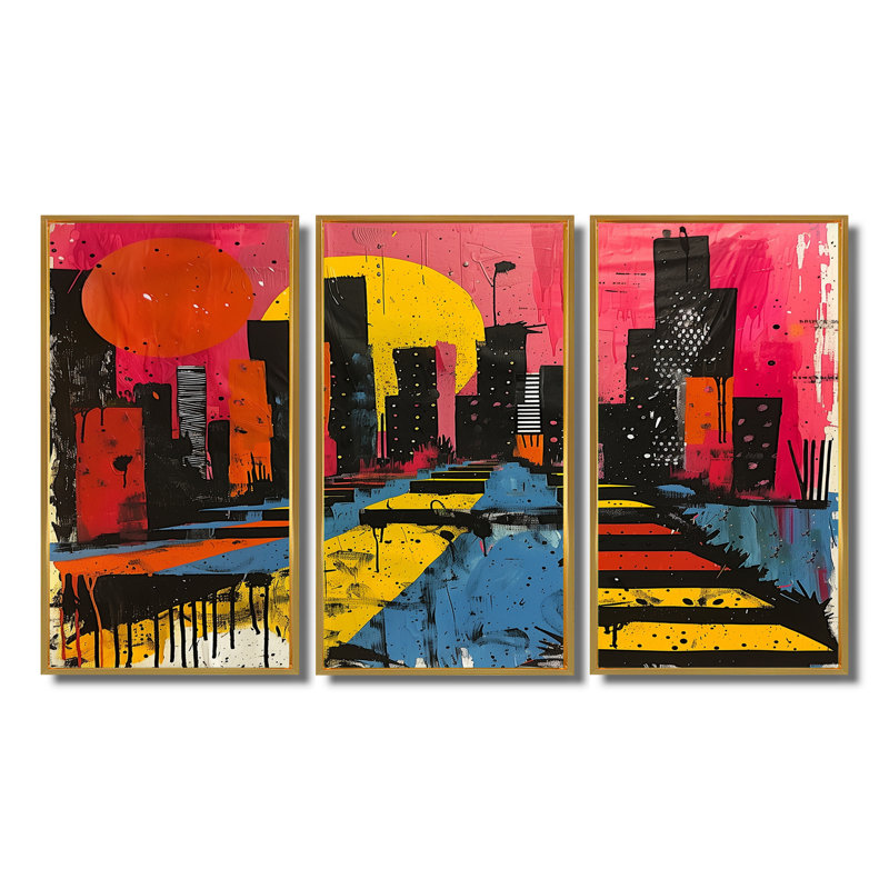 Orange orange paysage urbain Pop Art II - ensemble de reproductions d'art gratte-ciel, Toile avec cadre flottant or