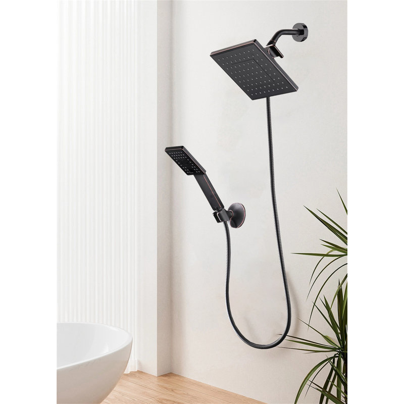 8-Inch Square Dual Shower Head Combo With 60-Inch Hose, Adjustable Handheld & Rainfall Shower Set, 3-Way Diverter & Wall Bracket